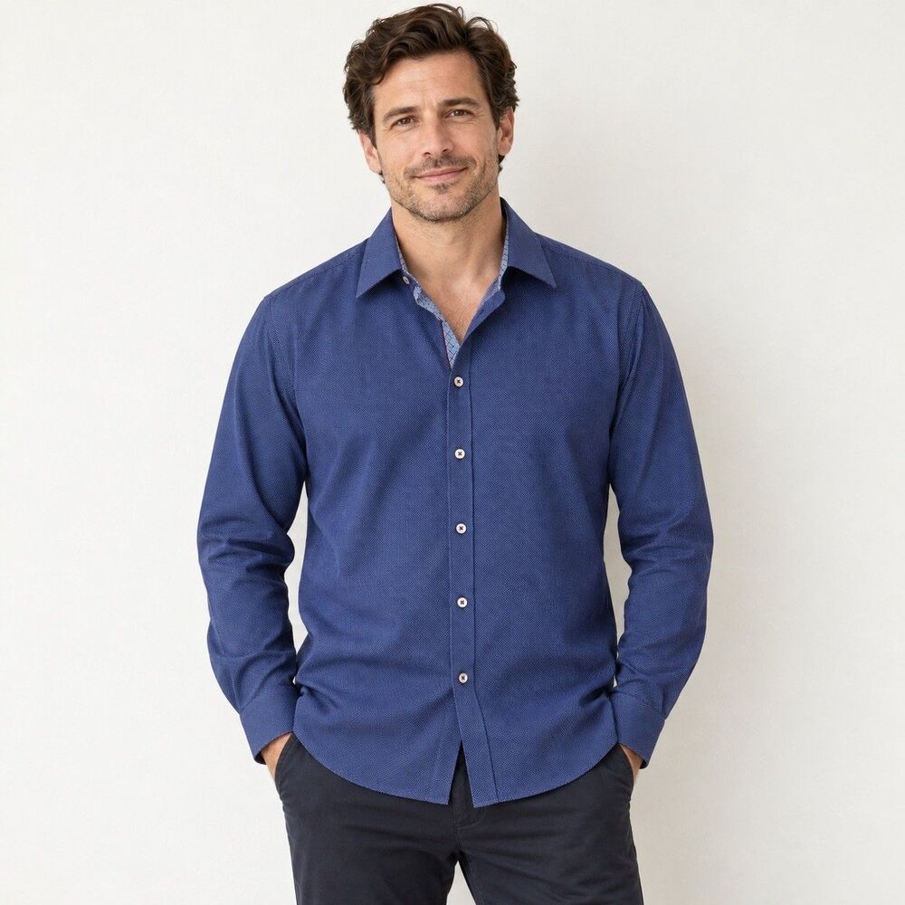 Ted Baker London Mens Navy Micro Dot Print Button Down Shirt Sz 6 US XXL Modern